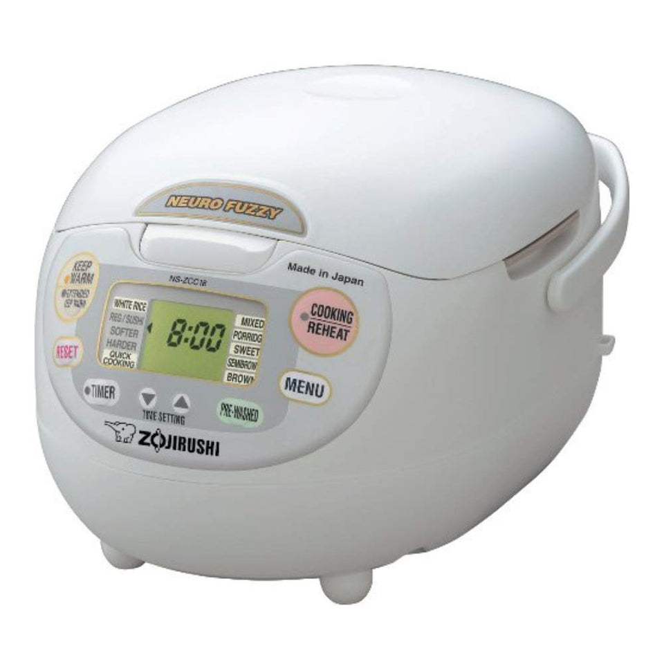 Zojirushi Neuro Fuzzy 10-Cup Rice Cooker in premium white, front view for versatile meals.