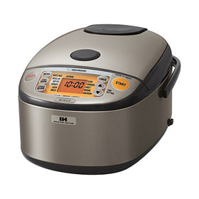 Zojirushi NP-HCC10XH rice cooker front view with orange control panel and easy timing.