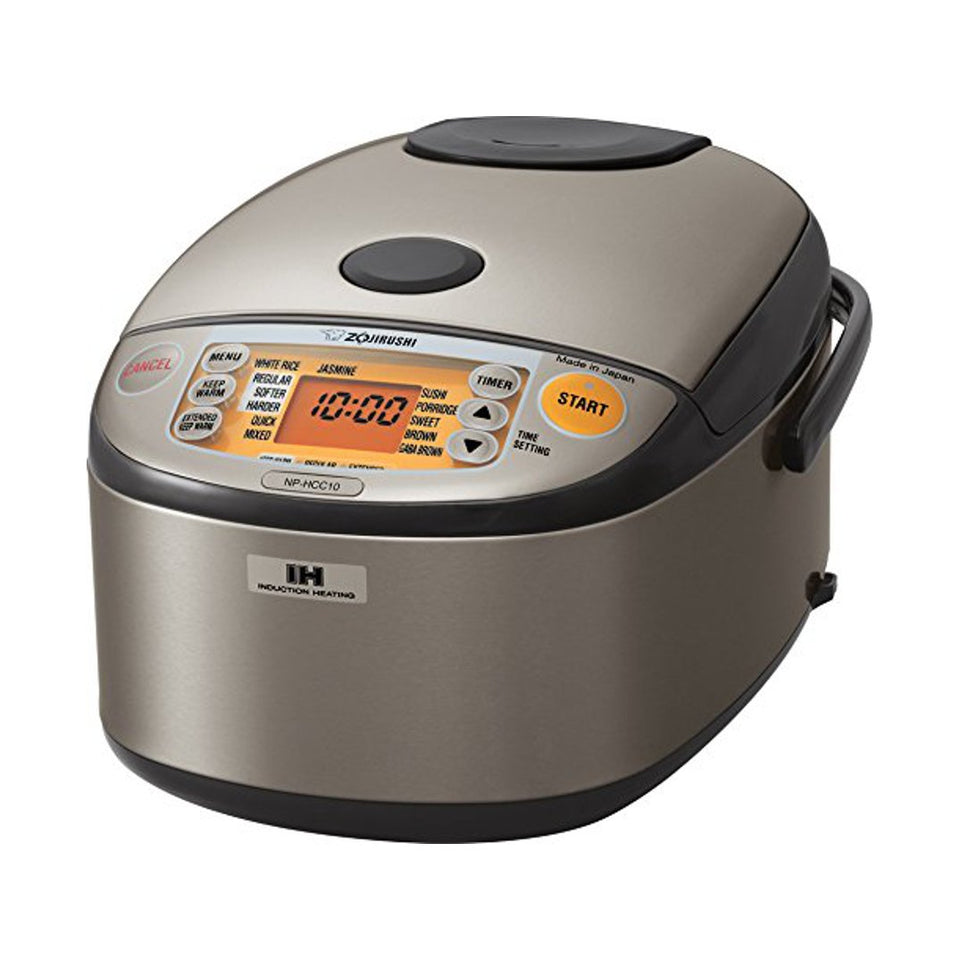 Zojirushi NP-HCC10XH rice cooker front view with orange control panel and easy timing.