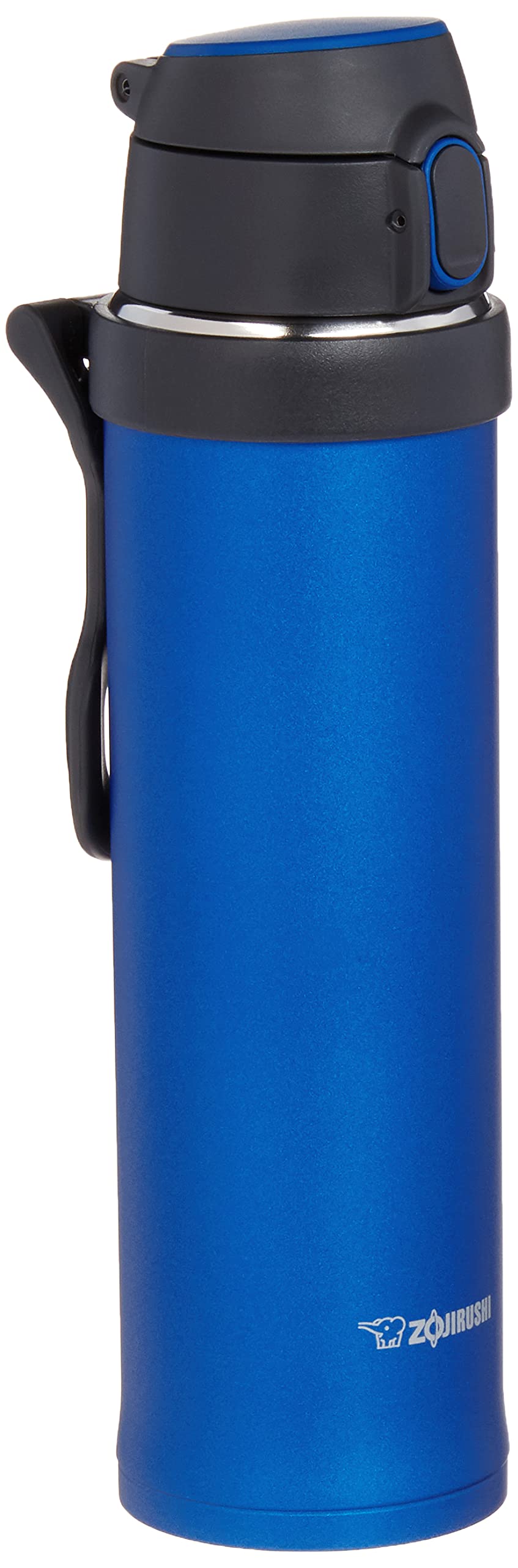 Zojirushi SM-QHE60AK flip-and-go mug in cobalt blue offers easy one-handed use.