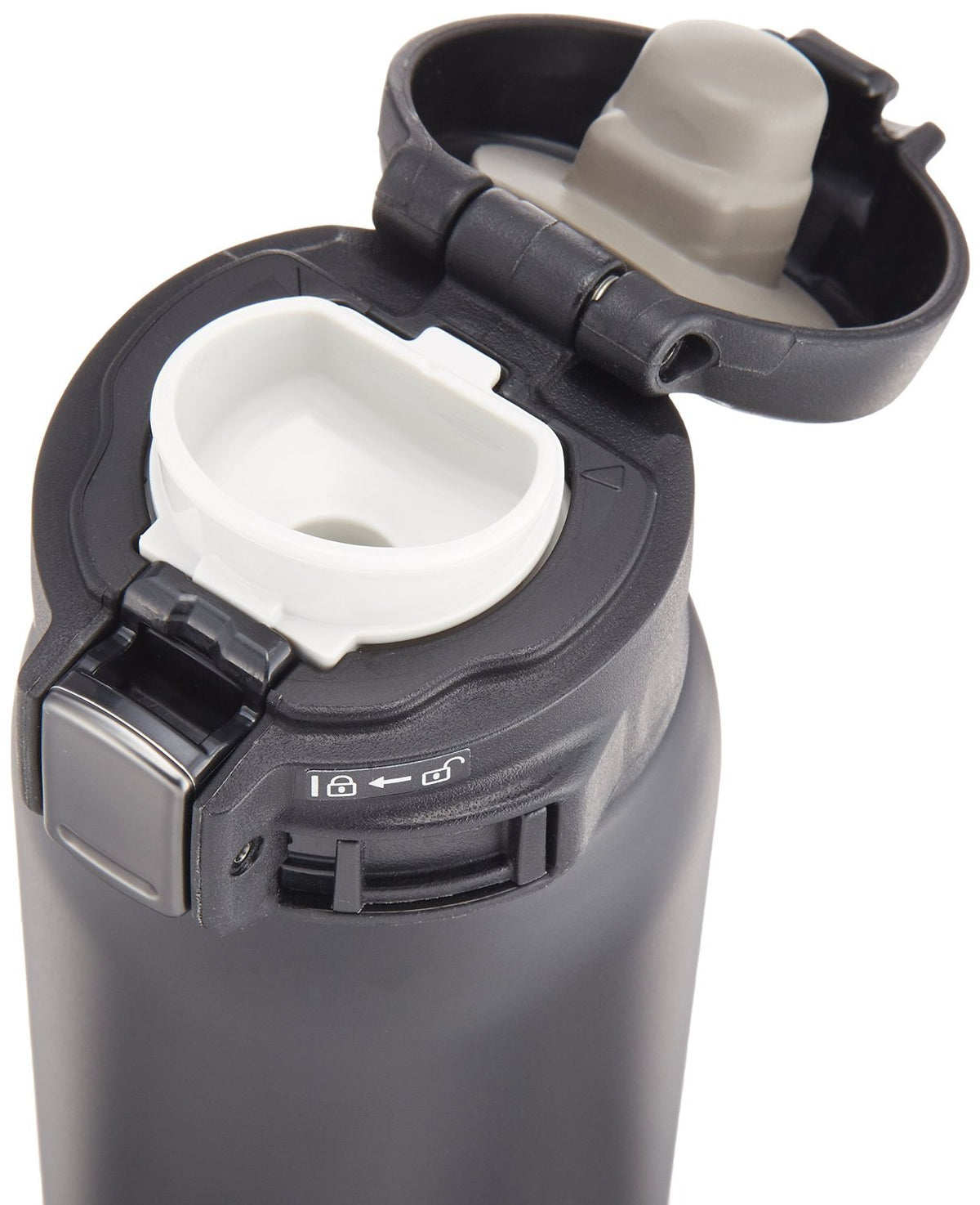 Zojirushi SM-SA60BA lid flipping open for easy one-handed access during commutes.