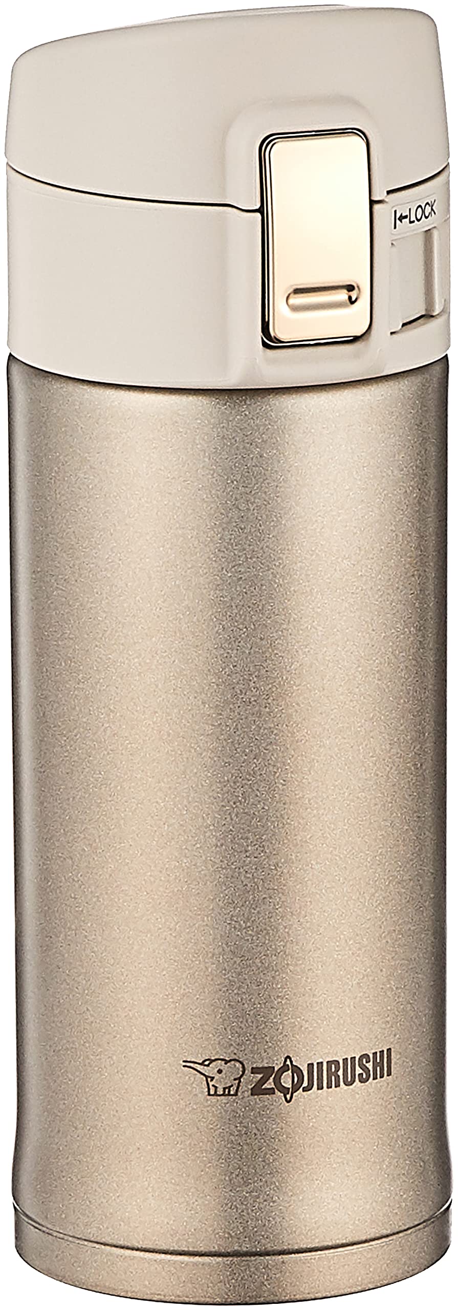 Zojirushi champagne gold stainless steel mug front view shows durable heat retention.