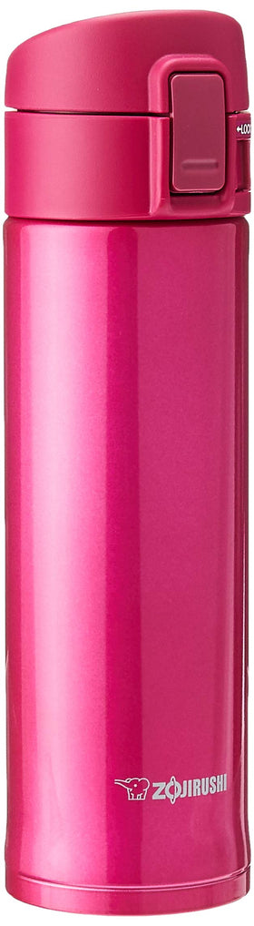 Zojirushi stainless steel mug cherry flip lid close-up showing secure heat retention