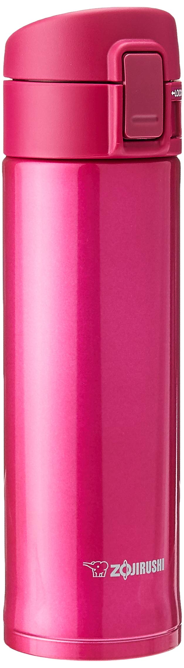Zojirushi stainless steel mug cherry flip lid close-up showing secure heat retention