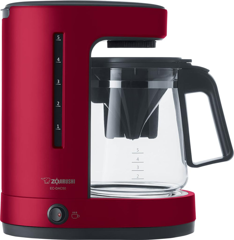 Zojirushi ZUTTO EC-DAC50RA coffee maker in red with a compact footprint for small spaces.