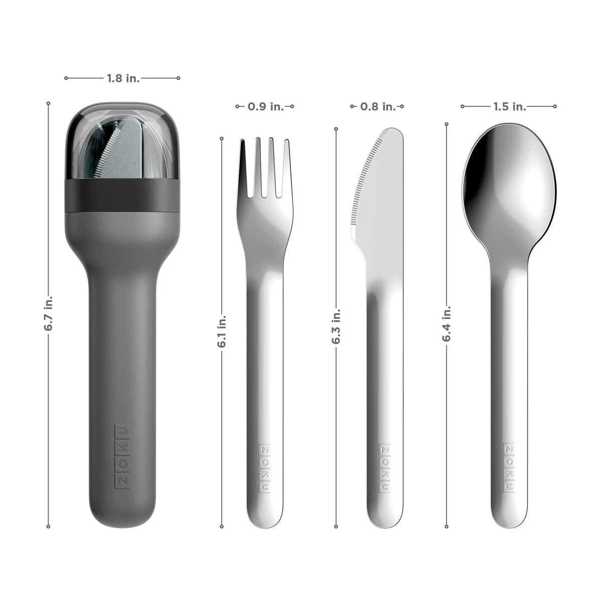 ZOKU pocket utensil set nested in a case, saves space for lunchboxes and backpacks.