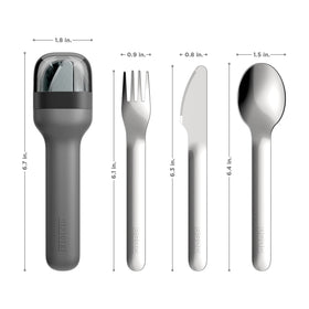 ZOKU pocket utensil set nested in a case, saves space for lunchboxes and backpacks.