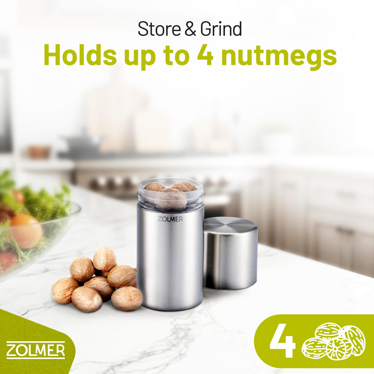 ZOLMER nutmeg grinder with powder finish for premium grating