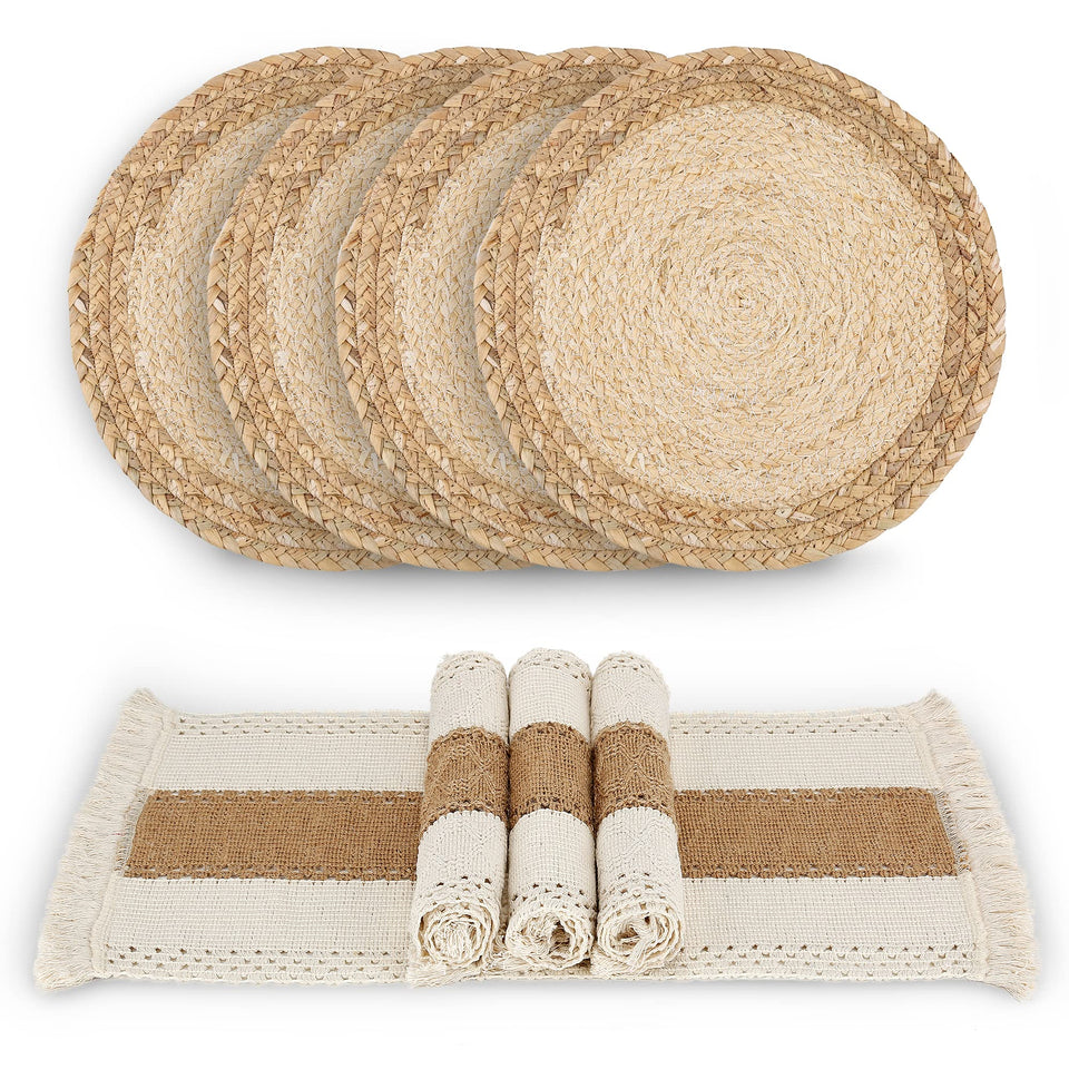 Zology handmade boho placemats set4 in natural cotton burlap on rustic dining table.