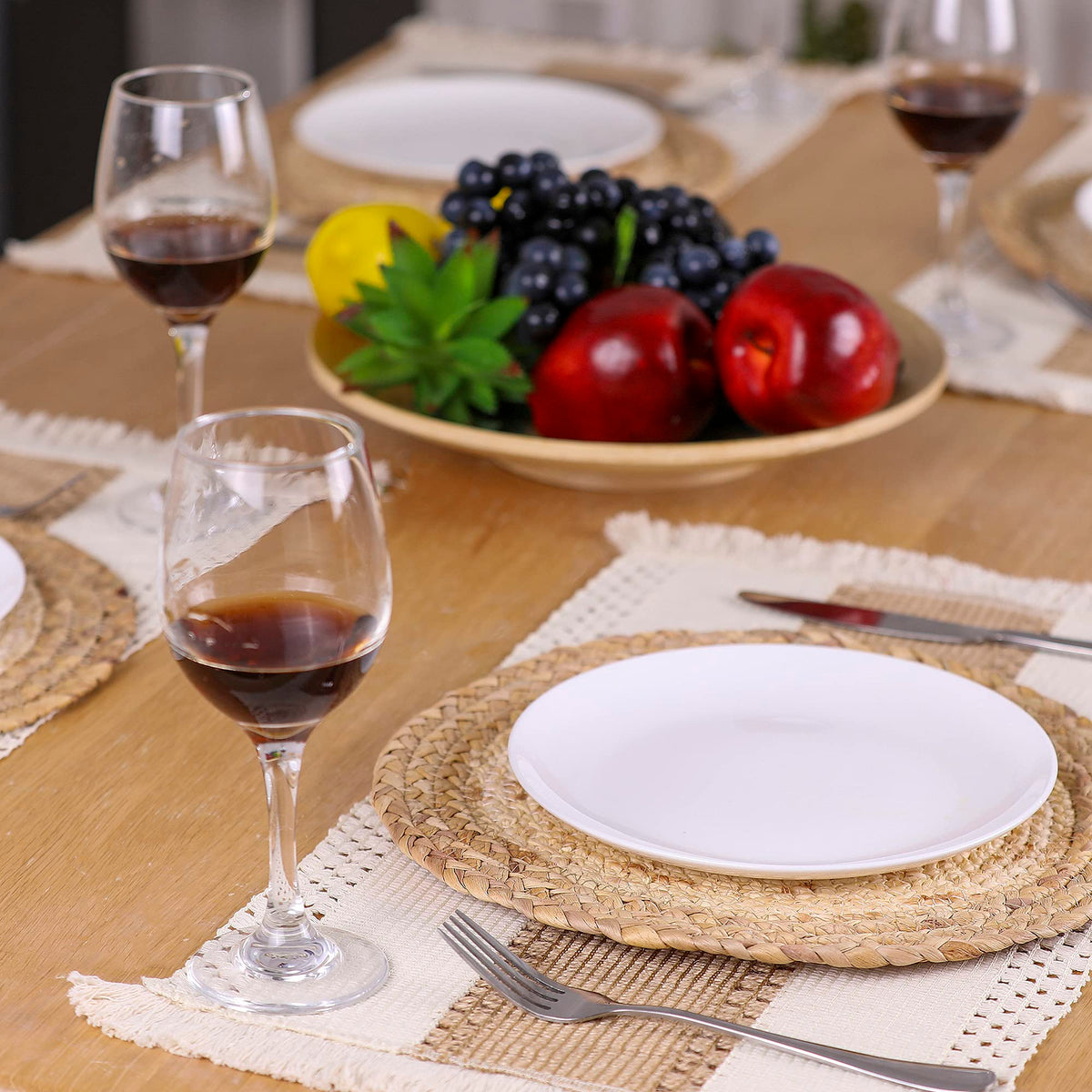 Zology placemats closeup showing cotton tassels for a cozy farmhouse look.