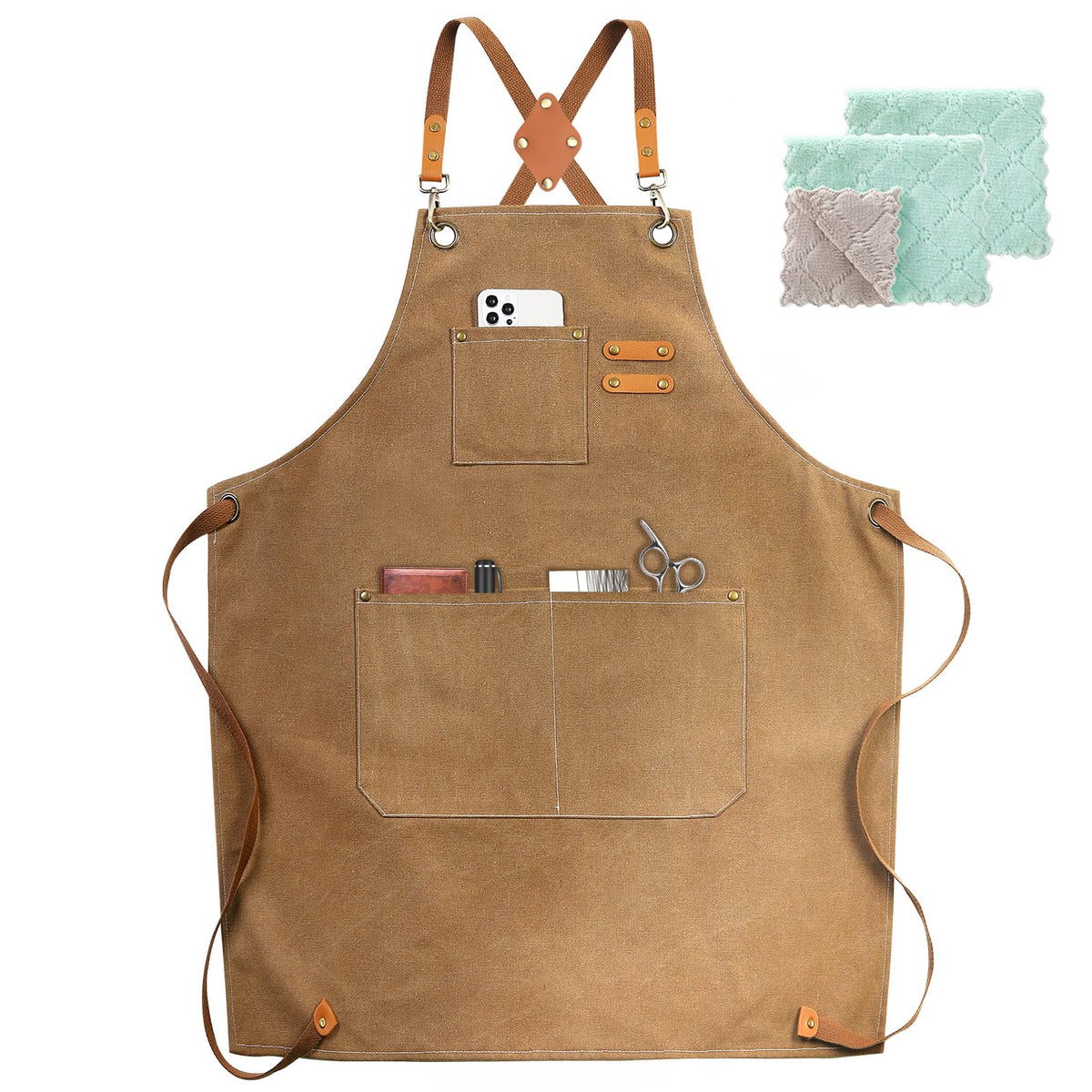 ZOMAO chef apron with cross-back design and accessible pockets for easy tools reach.