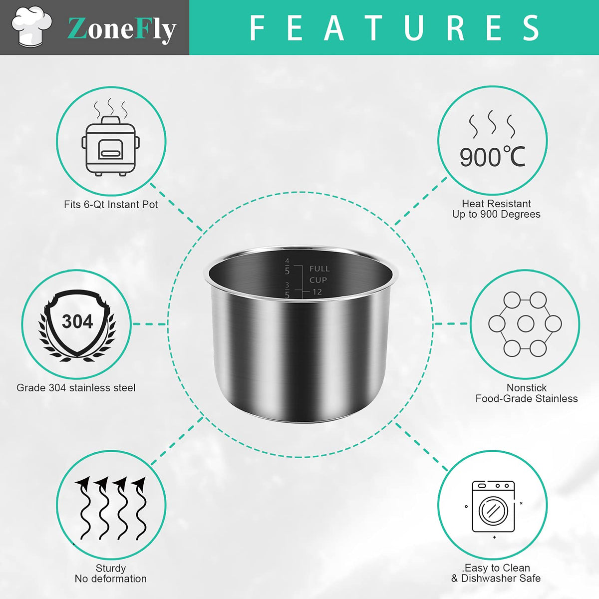 ZoneFly stainless steel 304 inner pot with 3-ply bottom for even heat and durability