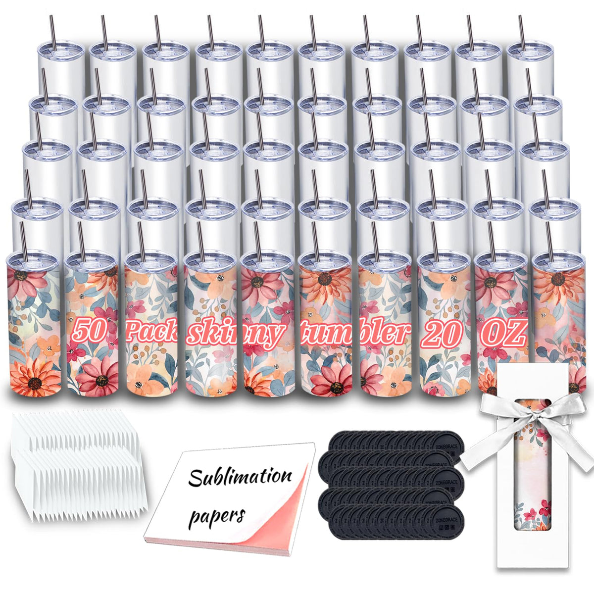 ZONEGRACE 50-pack 20oz sublimation tumblers with straight silhouette and polymer coating for dye printing.