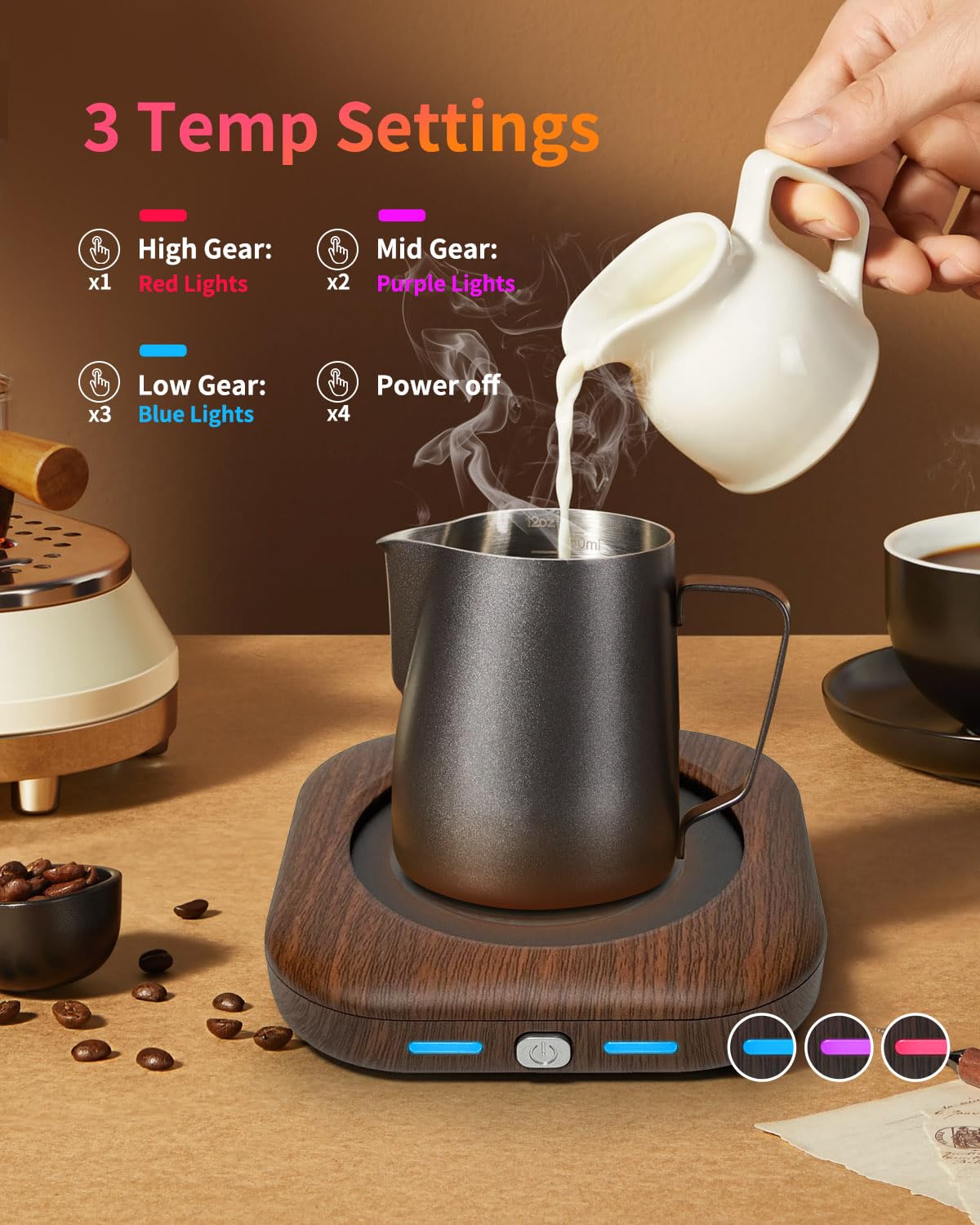 Wood grain design adds elegant desk decor while keeping drinks warm.