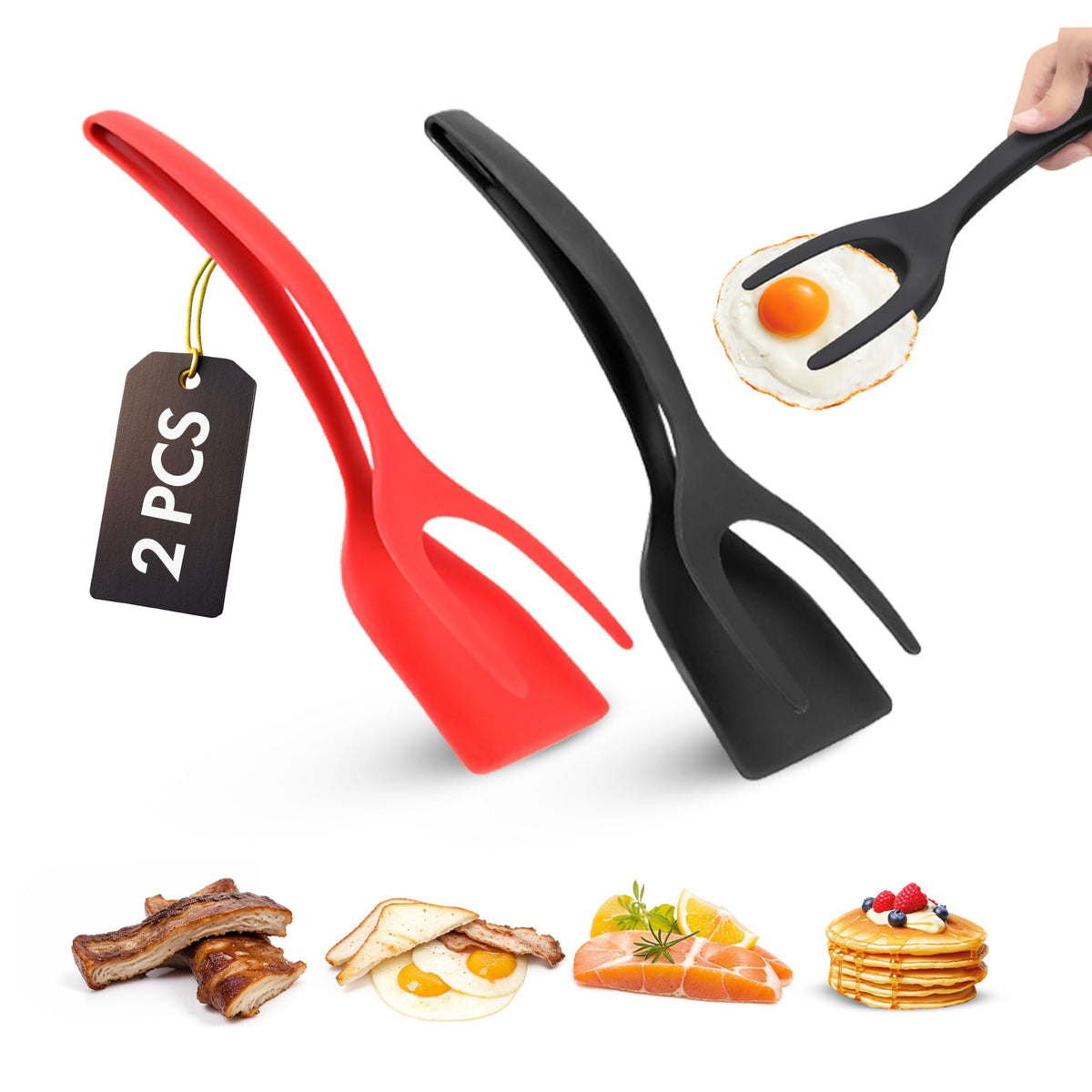ZONZEST egg flipper spatula tongs in black and red for versatile cooking and easy flips.