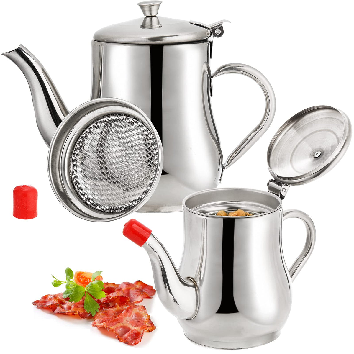 ZOOFOX bacon grease container with mesh strainer, 27oz, ideal for filtering hot oil.