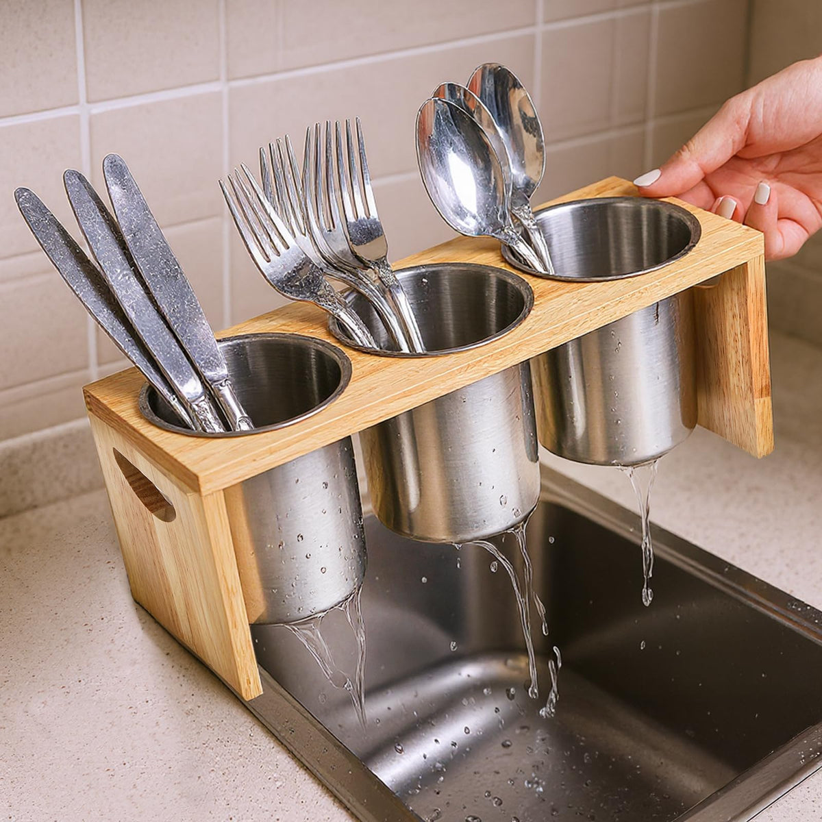 ZOOFOX packaging displays one wooden base and three flatware containers