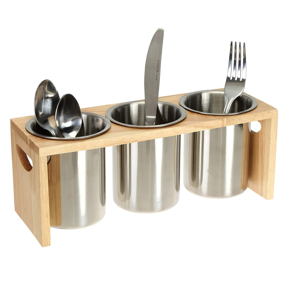 ZOOFOX silverware holder with wood base, front view, keeps spoons, forks, and knives neatly organized
