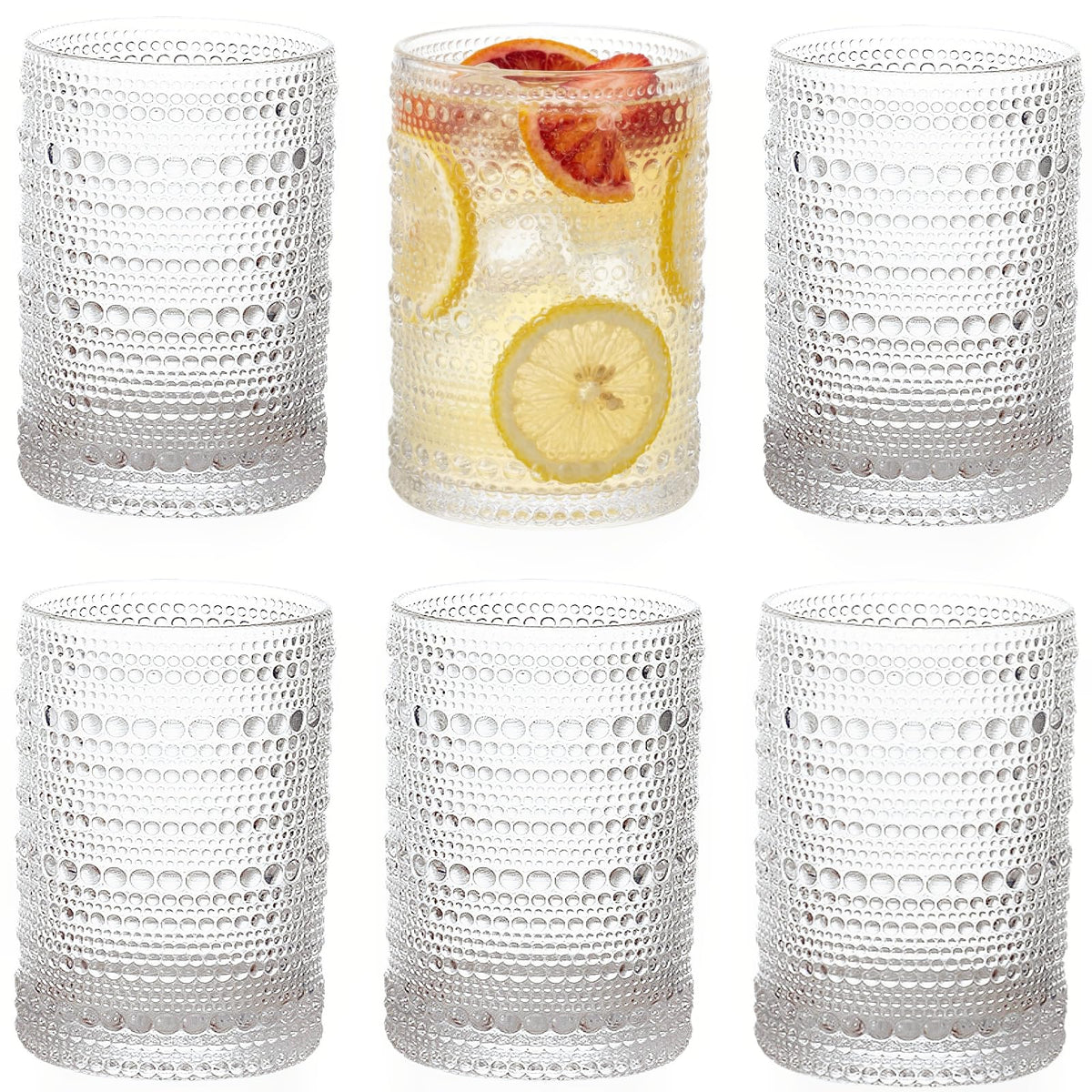 ZOOFOX vintage glasses with embossed hobnail front view, ideal for daily water or juice.