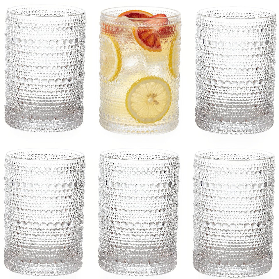 ZOOFOX vintage glasses with embossed hobnail front view, ideal for daily water or juice.