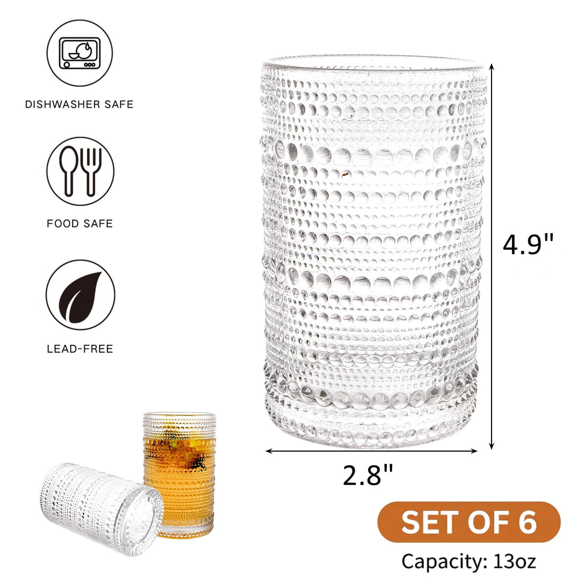 ZOOFOX embossed hobnail glasses side view, comfortable grip and retro table appeal.