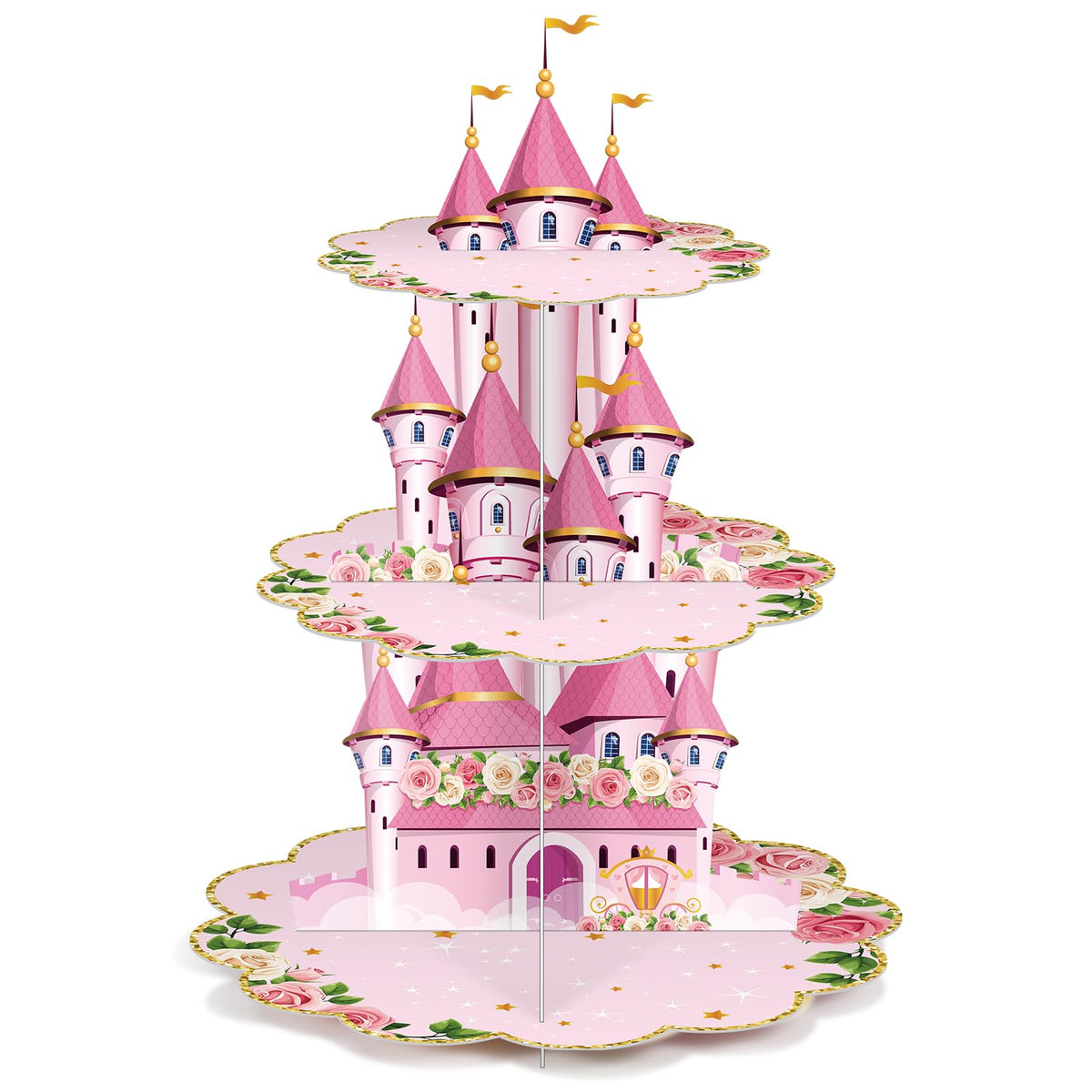 Zopeal 3-tier princess cupcake stand with pink castle, ideal centerpiece for a royal birthday.