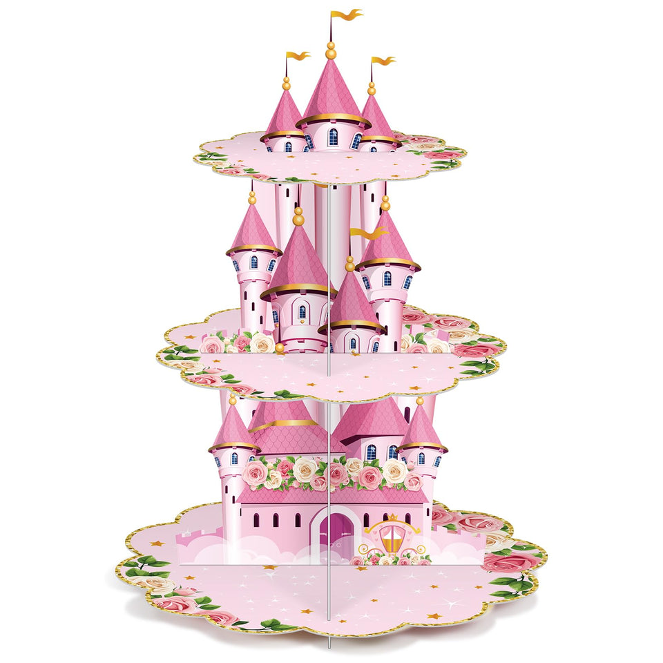 Zopeal 3-tier princess cupcake stand with pink castle, ideal centerpiece for a royal birthday.