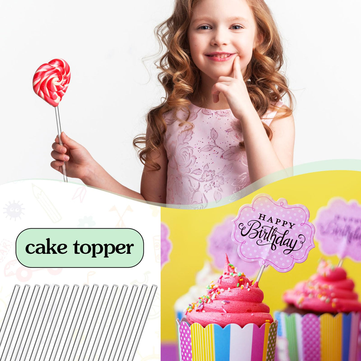 Zopeal cake pops rods clear ideal for secure toppers on cupcakes and treats.