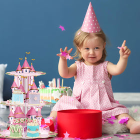 Zopeal castle-crown dessert tower enhances pink theme celebrations.