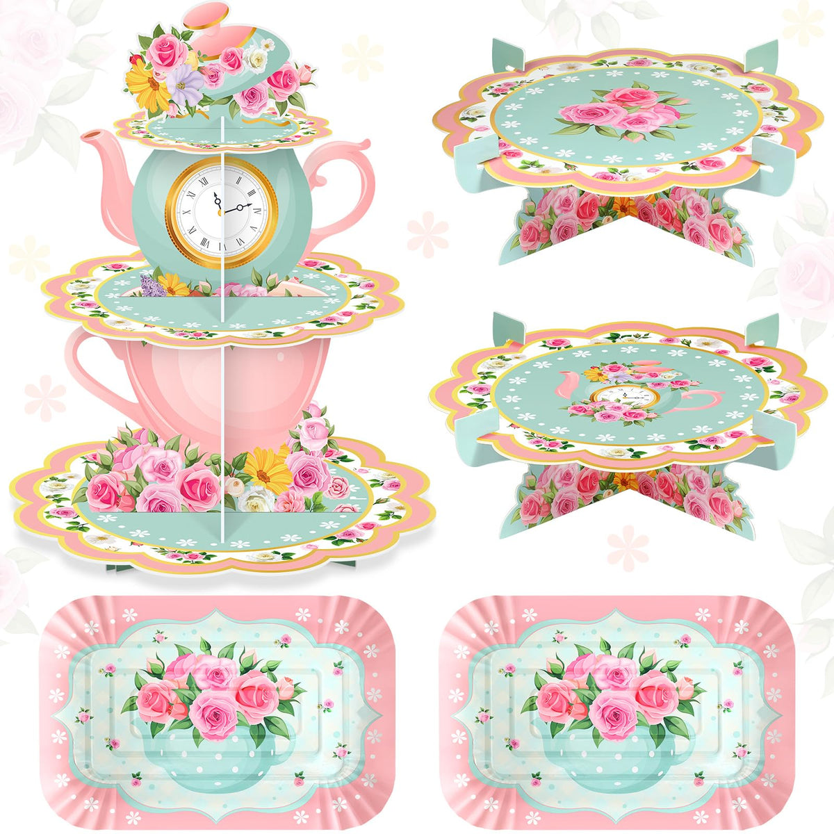 Zopeal floral tea cupcake stand 3-tier showcases cupcakes at a party for elegant desserts.
