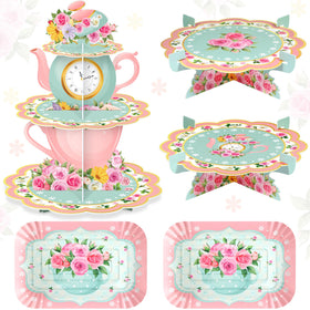 Zopeal floral tea cupcake stand 3-tier showcases cupcakes at a party for elegant desserts.