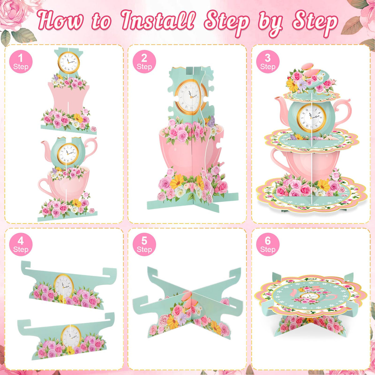 Zopeal floral tea theme cake tray with pastel print for desserts.