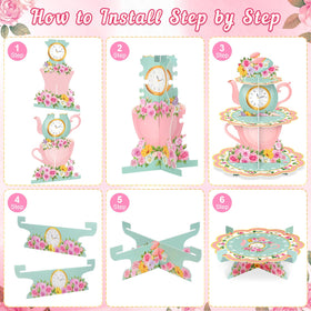 Zopeal floral tea theme cake tray with pastel print for desserts.