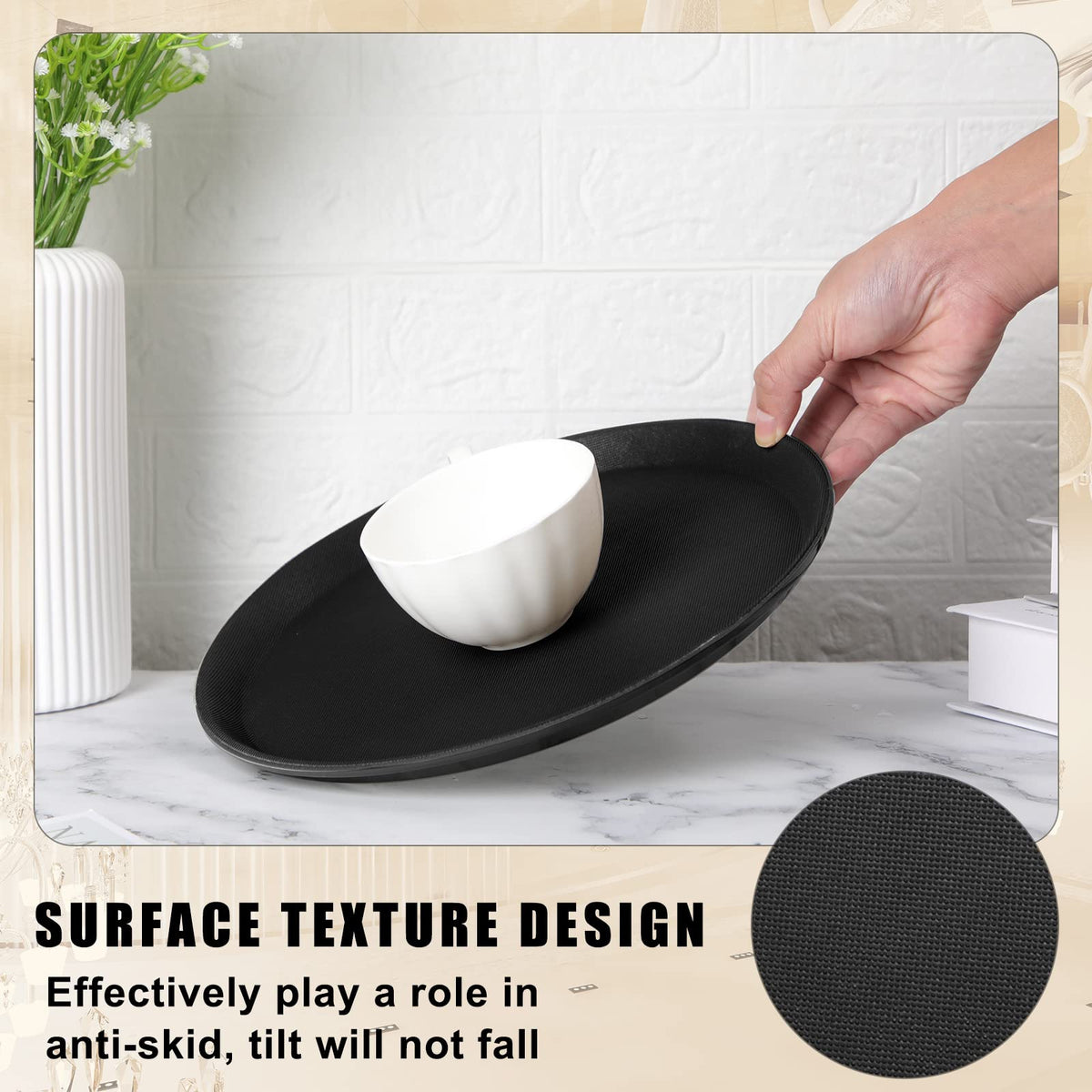 Zopeal round tray with non-slip surface keeps glasses and plates secure during transport.