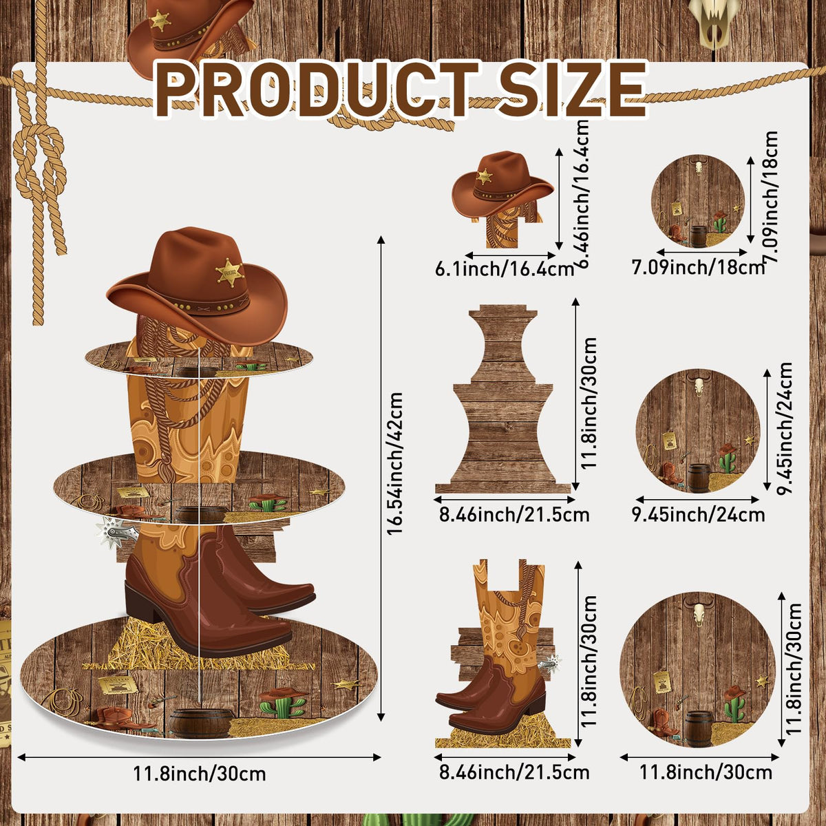 Zopeal Western Cupcake Stand featuring barn-door print for western-themed celebrations.