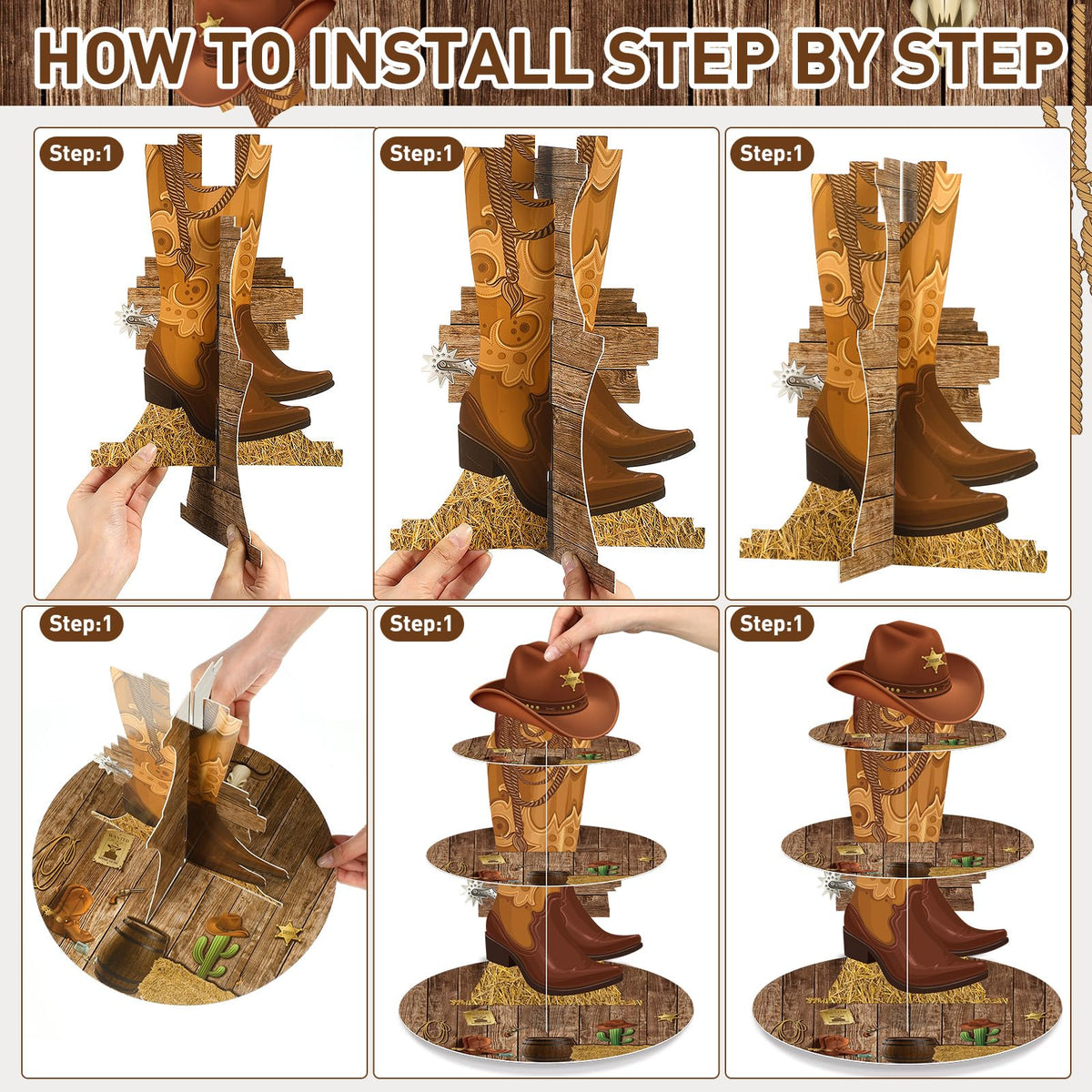 Zopeal Western Cupcake Stand with wood-texture panels suits rustic baby showers.