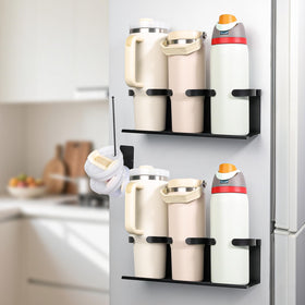 ZOSIX magnetic cup holder on fridge keeps six bottles organized and accessible.