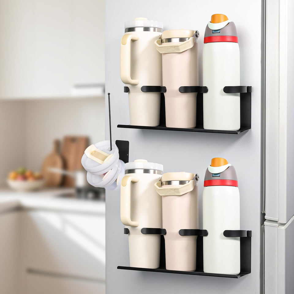 ZOSIX magnetic cup holder on fridge keeps six bottles organized and accessible.