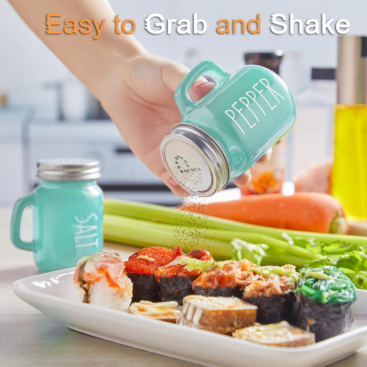 ZOSUJO turquoise shakers with wide openings for easy refilling.