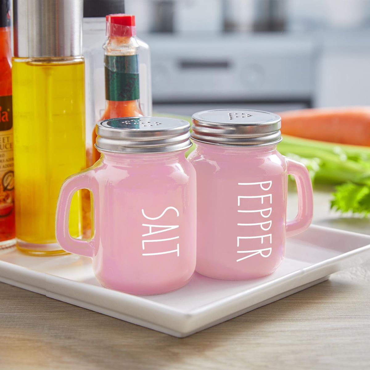 ZOSUJO pink shakers with engraved lids S and P for quick labeling.