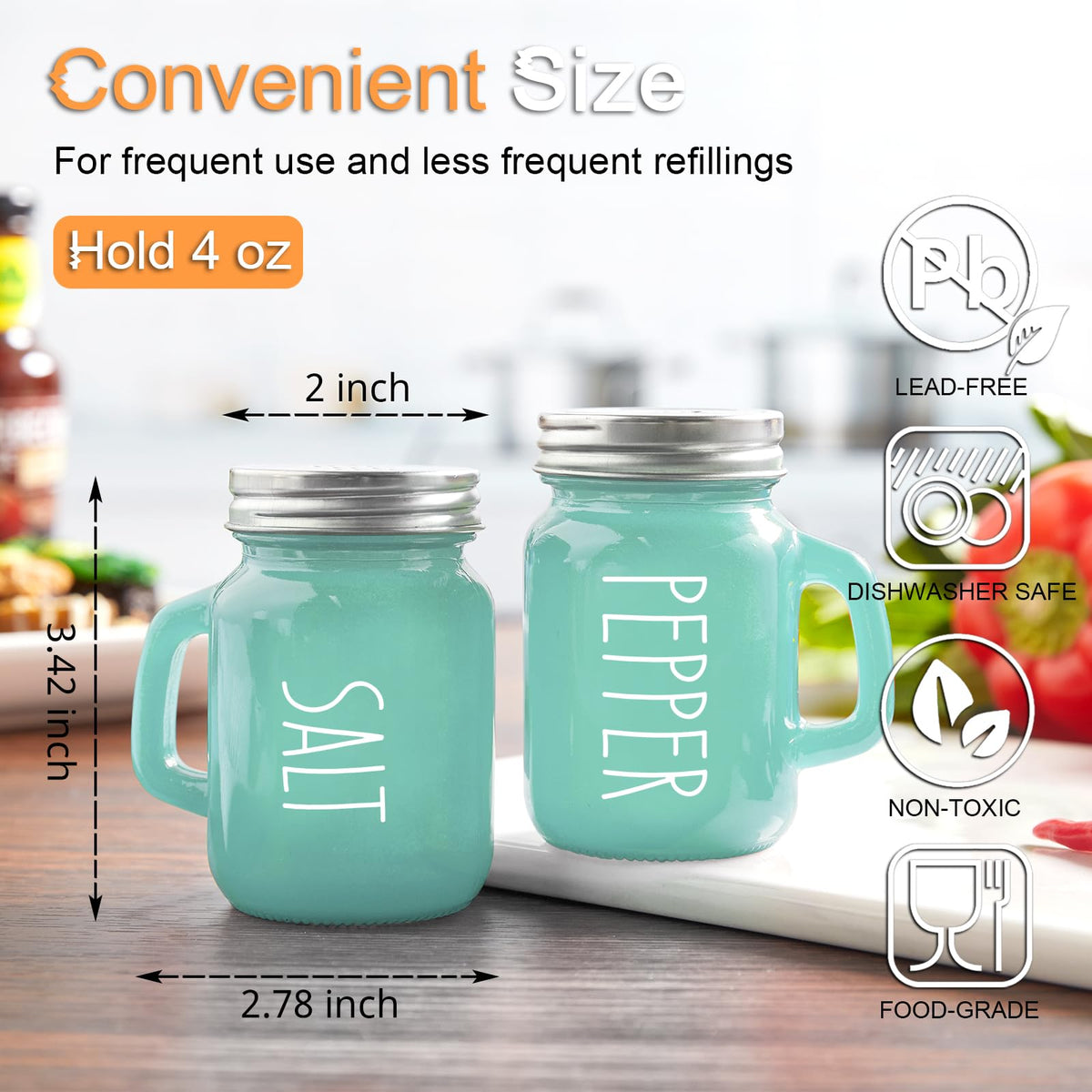 ZOSUJO shakers with engraved S and P on stainless steel lids for quick spice identification.