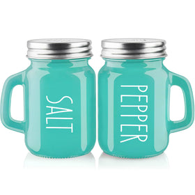 ZOSUJO turquoise salt and pepper shakers set on a teal kitchen counter, ideal for everyday cooking.