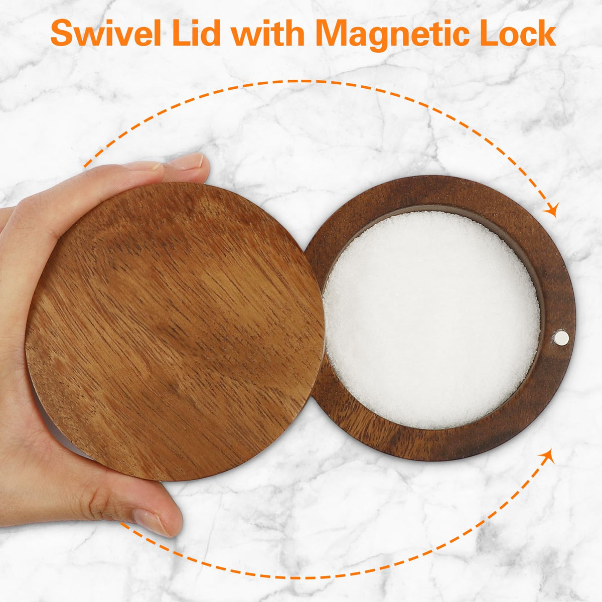 ZOVANO Acacia salt cellar lid open shows easy access to seasonings