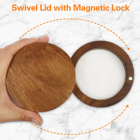 ZOVANO Acacia salt cellar lid open shows easy access to seasonings