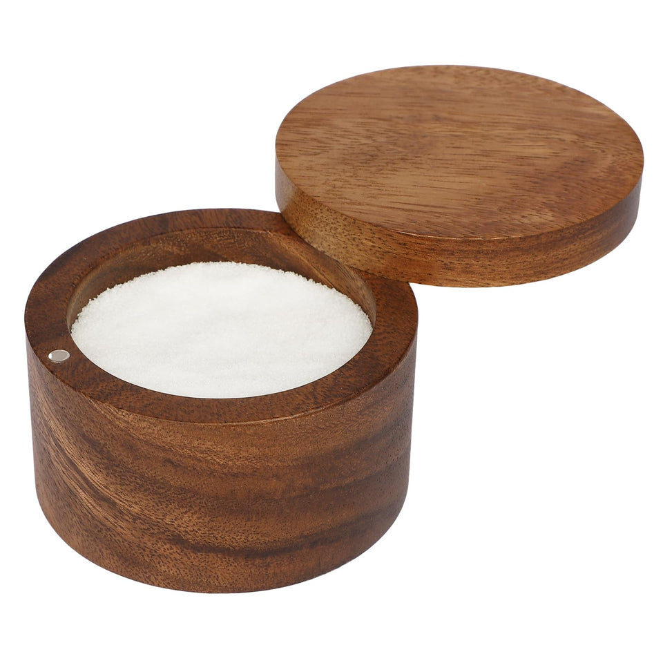ZOVANO Acacia salt cellar with swivel lid on counter keeps salt fresh