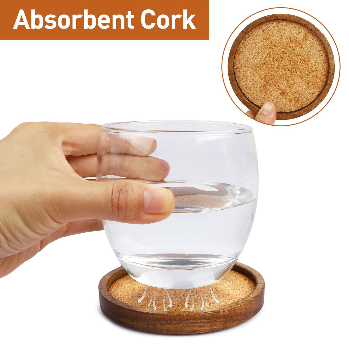 ZOVANO cork-core coasters absorb moisture to protect surfaces.