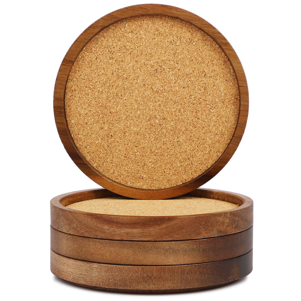 ZOVANO acacia wood coasters with stackable 4.2-inch design for table protection.