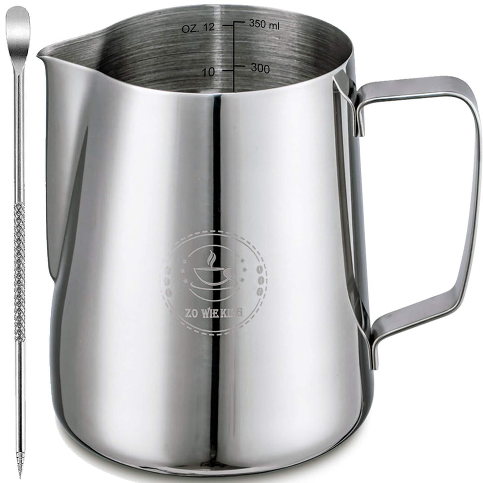 Zowie King 12oz milk frothing pitcher side view shows balanced pour control