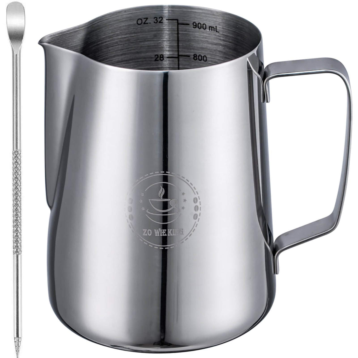 ZOWIE KING Milk Frothing Pitcher 32oz for smooth froth and precise pours.