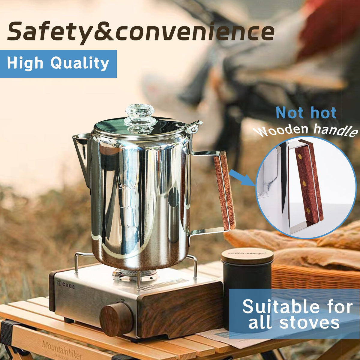 ZOWIE KING percolator features an ergonomic handle for easy campfire brewing.
